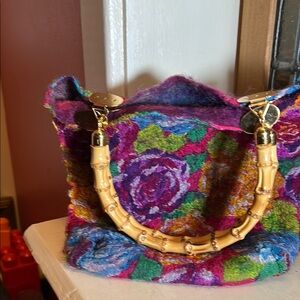 Hand Crafted Red and Pink Tote with Bamboo Handles